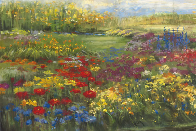 Garden with Zinnias by Carol Rowan. SKU 22001i. Archival Giclee Fine art print for wall decor.
