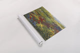 Garden with Zinnias by Carol Rowan. shown as a rolled paper print. Available as archival giclee rolled canvas, fine art paper, or poster print. SKU 22001i.