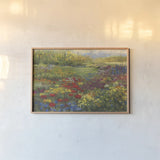Garden with Zinnias by Carol Rowan. shown as a paper print in a natural frame. Available as a archival giclee rolled canvas, fine art paper, or poster print. SKU 22001i.