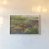 Garden with Zinnias by Carol Rowan. shown as a paper print in a white frame. Available as a archival giclee rolled canvas, fine art paper, or poster print. SKU 22001i.