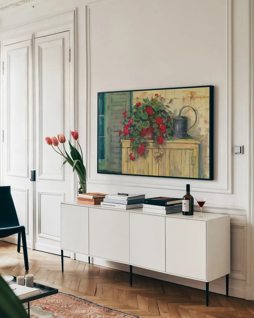 Gardeners Still Life by Carol Rowan. shown as a framed stretched canvas in a living room above a console. Available as a archival giclee rolled canvas, fine art paper, or poster print. SKU 7983i.