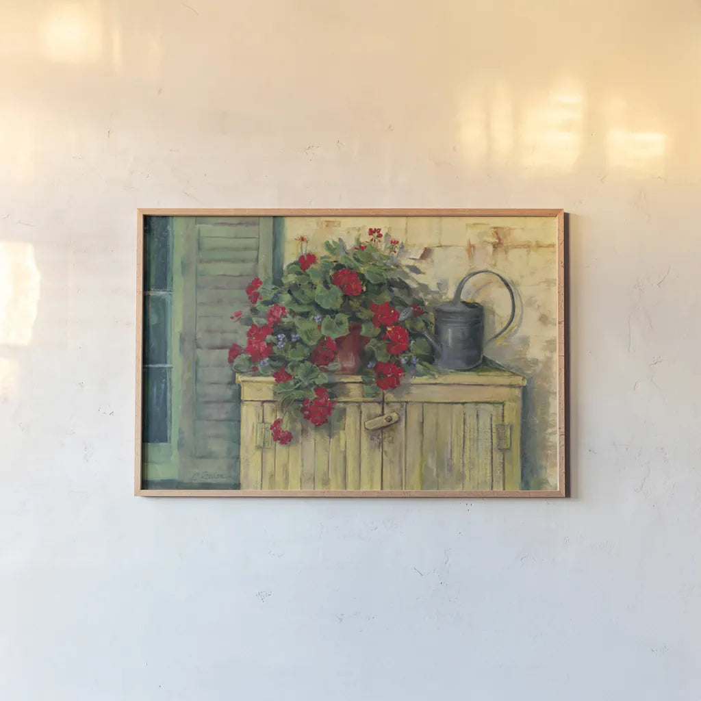 Gardeners Still Life by Carol Rowan. shown as a paper print in a natural frame. Available as a archival giclee rolled canvas, fine art paper, or poster print. SKU 7983i.
