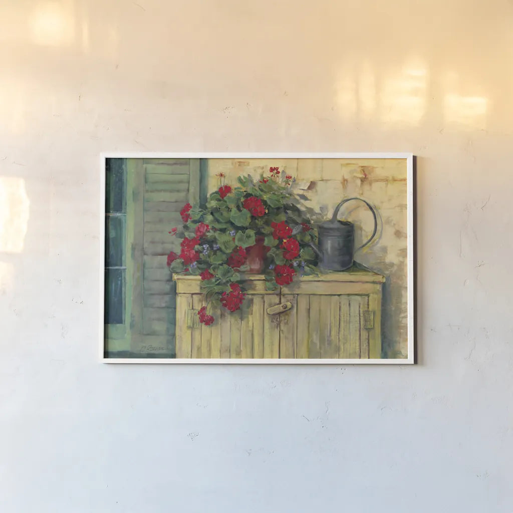 Gardeners Still Life by Carol Rowan. shown as a paper print in a white frame. Available as a archival giclee rolled canvas, fine art paper, or poster print. SKU 7983i.