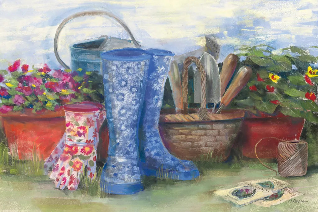 Gardeners Still Life with Boots by Carol Rowan. SKU 27739i. Archival Giclee Fine art print for wall decor.