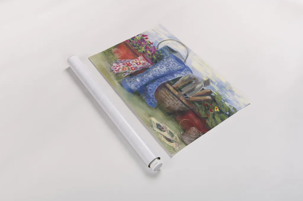 Gardeners Still Life with Boots by Carol Rowan. shown as a rolled paper print. Available as archival giclee rolled canvas, fine art paper, or poster print. SKU 27739i.