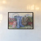 Gardeners Still Life with Boots by Carol Rowan. shown as a paper print in a black flame. Available as a archival giclee rolled canvas, fine art paper, or poster print. SKU 27739i.