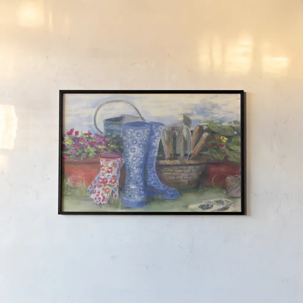 Gardeners Still Life with Boots by Carol Rowan. shown as a paper print in a black flame. Available as a archival giclee rolled canvas, fine art paper, or poster print. SKU 27739i.