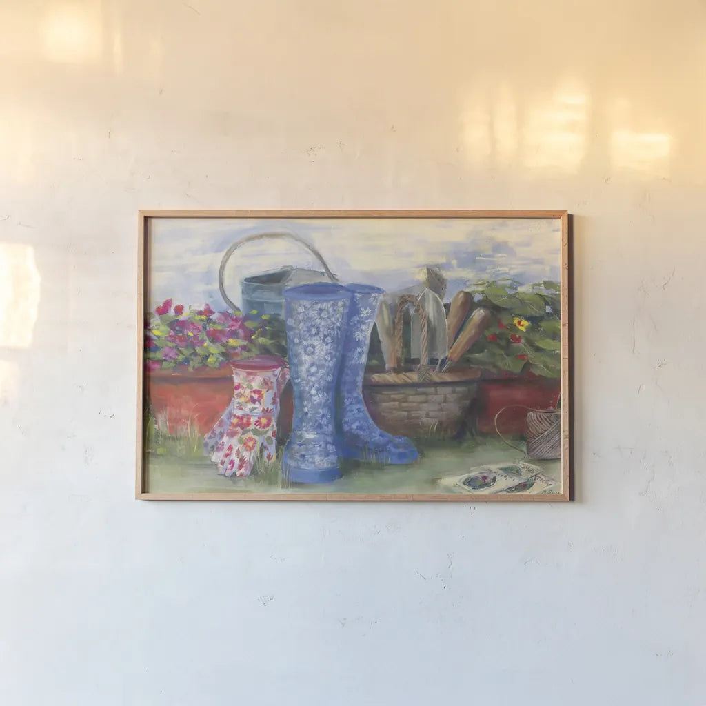 Gardeners Still Life with Boots by Carol Rowan. shown as a paper print in a natural frame. Available as a archival giclee rolled canvas, fine art paper, or poster print. SKU 27739i.