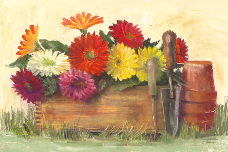 Gardeners Still Life with Gerberas by Carol Rowan. SKU 42294i. Archival Giclee Fine art print for wall decor.