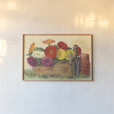 Gardeners Still Life with Gerberas by Carol Rowan. shown as a paper print in a natural frame. Available as a archival giclee rolled canvas, fine art paper, or poster print. SKU 42294i.