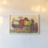 Gardeners Still Life with Gerberas by Carol Rowan. shown as a paper print in a white frame. Available as a archival giclee rolled canvas, fine art paper, or poster print. SKU 42294i.