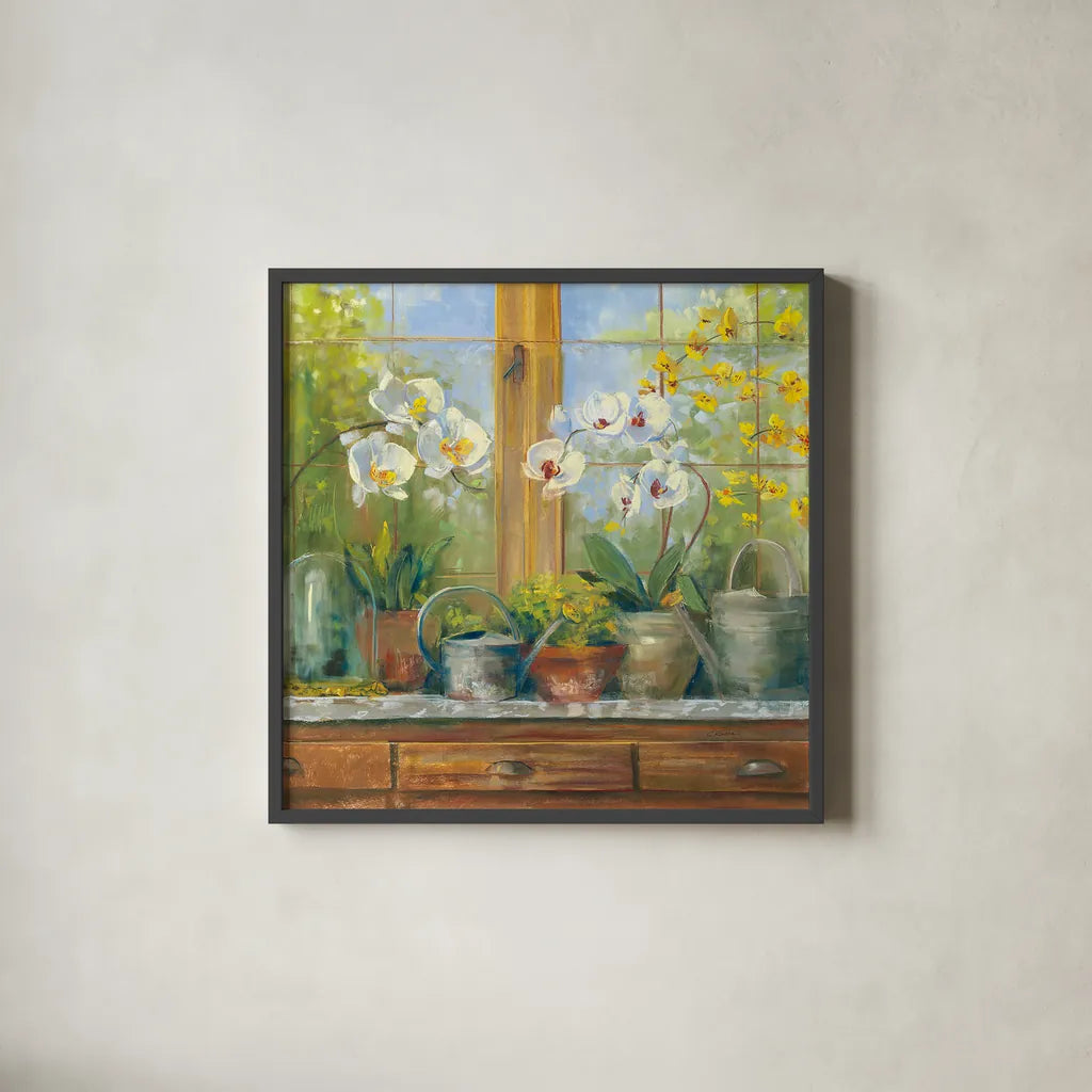 Gardeners Table Orchids by Carol Rowan. Shown in a sleek black glass frame for a contemporary gallery look. Available as an archival giclee rolled canvas, fine art paper, or poster print. SKU 8646a.
