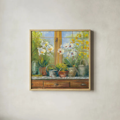Gardeners Table Orchids by Carol Rowan. Shown in a natural wood glass frame for a timeless modern aesthetic. Available as an archival giclee rolled canvas, fine art paper, or poster print. SKU 8646a.