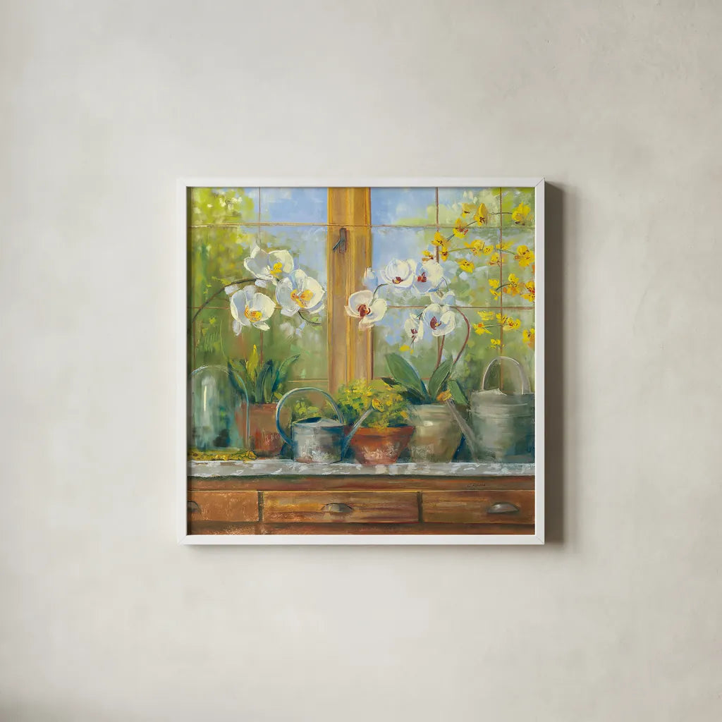 Gardeners Table Orchids by Carol Rowan. Shown in a crisp white glass frame for a clean and minimalist style. Available as an archival giclee rolled canvas, fine art paper, or poster print. SKU 8646a.