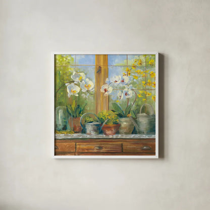Gardeners Table Orchids by Carol Rowan. Shown in a crisp white glass frame for a clean and minimalist style. Available as an archival giclee rolled canvas, fine art paper, or poster print. SKU 8646a.