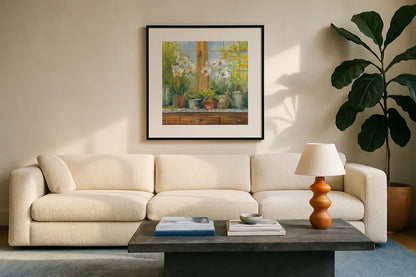 Gardeners Table Orchids by Carol Rowan. Displayed in a glass frame with matte in a clean modern living room. Available as an archival giclee rolled canvas, fine art paper, or poster print. SKU 8646a.