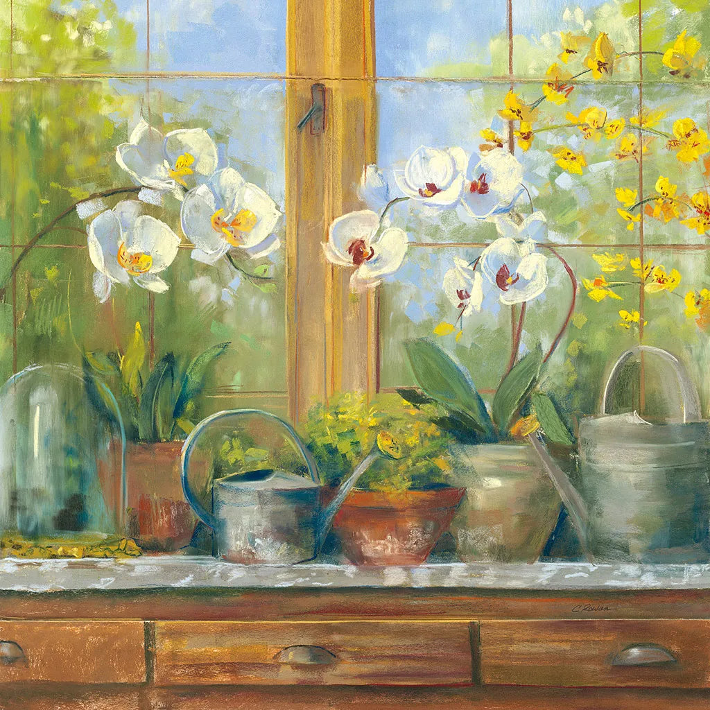 Gardeners Table Orchids by Carol Rowan. SKU 8673a. Archival Giclee Fine art print for wall decor.