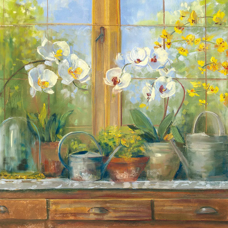 Gardeners Table Orchids by Carol Rowan. SKU 8673a. Archival Giclee Fine art print for wall decor.