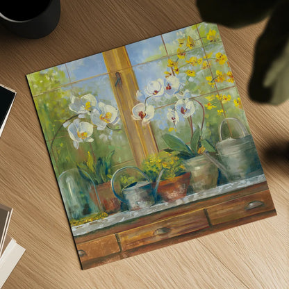 Gardeners Table Orchids by Carol Rowan. Shown as a detailed flat fine art print, highlighting archival giclee quality. Available as an archival giclee rolled canvas, fine art paper, or poster print. SKU 8673a.