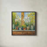 Gardeners Table Orchids by Carol Rowan. Shown in a sleek black glass frame for a contemporary gallery look. Available as an archival giclee rolled canvas, fine art paper, or poster print. SKU 8673a.