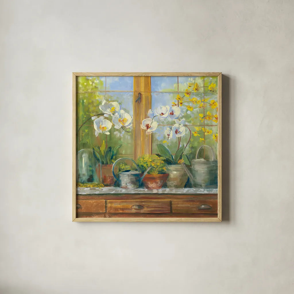 Gardeners Table Orchids by Carol Rowan. Shown in a natural wood glass frame for a timeless modern aesthetic. Available as an archival giclee rolled canvas, fine art paper, or poster print. SKU 8673a.