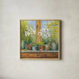 Gardeners Table Orchids by Carol Rowan. Shown in a natural wood glass frame for a timeless modern aesthetic. Available as an archival giclee rolled canvas, fine art paper, or poster print. SKU 8673a.