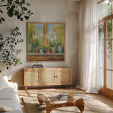 Gardeners Table Orchids by Carol Rowan. Shown in a natural wood frame in a cozy modern living room. Available as an archival giclee rolled canvas, fine art paper, or poster print. SKU 8673a.