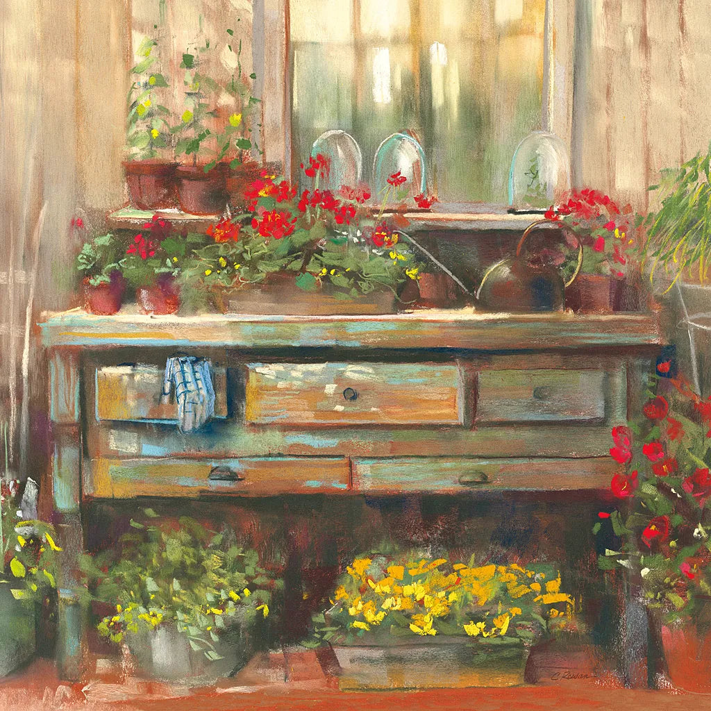 Gardeners Table Square by Carol Rowan. SKU 9001a. Archival Giclee Fine art print for wall decor.