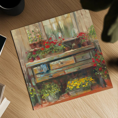 Gardeners Table Square by Carol Rowan. Shown as a detailed flat fine art print, highlighting archival giclee quality. Available as an archival giclee rolled canvas, fine art paper, or poster print. SKU 9001a.