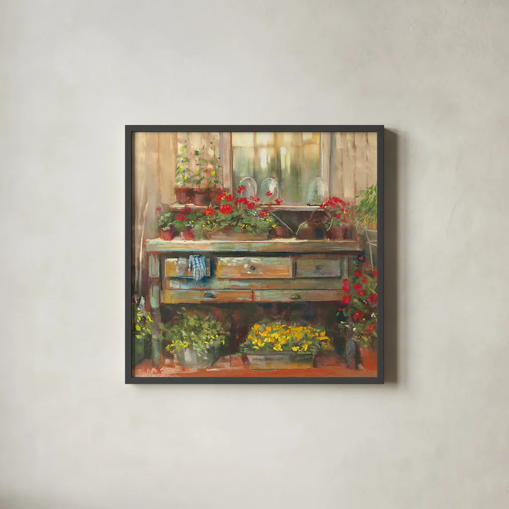 Gardeners Table Square by Carol Rowan. Shown in a sleek black glass frame for a contemporary gallery look. Available as an archival giclee rolled canvas, fine art paper, or poster print. SKU 9001a.