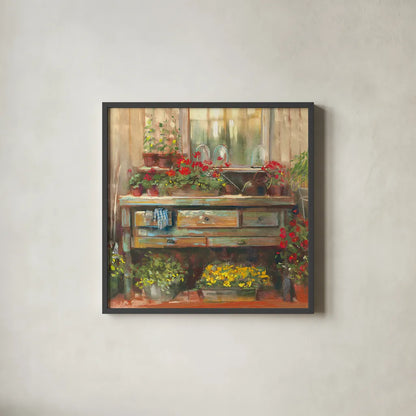 Gardeners Table Square by Carol Rowan. Shown in a sleek black glass frame for a contemporary gallery look. Available as an archival giclee rolled canvas, fine art paper, or poster print. SKU 9001a.