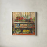 Gardeners Table Square by Carol Rowan. Shown in a crisp white glass frame for a clean and minimalist style. Available as an archival giclee rolled canvas, fine art paper, or poster print. SKU 9001a.