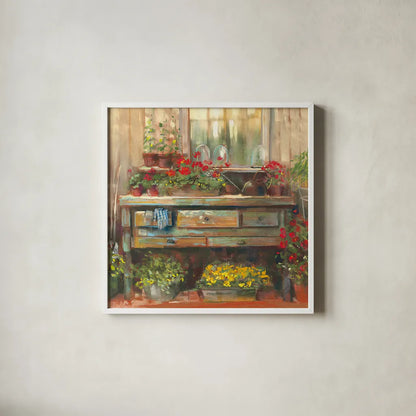 Gardeners Table Square by Carol Rowan. Shown in a crisp white glass frame for a clean and minimalist style. Available as an archival giclee rolled canvas, fine art paper, or poster print. SKU 9001a.