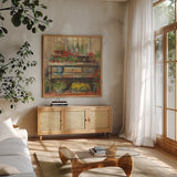 Gardeners Table Square by Carol Rowan. Shown in a natural wood frame in a cozy modern living room. Available as an archival giclee rolled canvas, fine art paper, or poster print. SKU 9001a.