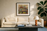 Gardeners Table Square by Carol Rowan. Displayed in a glass frame with matte in a clean modern living room. Available as an archival giclee rolled canvas, fine art paper, or poster print. SKU 9001a.