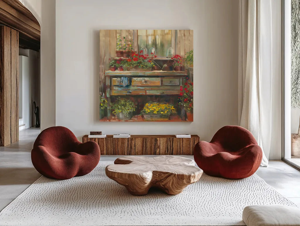 Gardeners Table Square by Carol Rowan. Shown as extra-large giant wall art in a modern living room. Available as an archival giclee rolled canvas, fine art paper, or poster print. SKU 9001a.