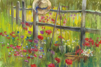 Gardening by the Fence by Carol Rowan. SKU 20971i. Archival Giclee Fine art print for wall decor.