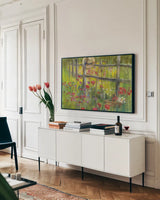 Gardening by the Fence by Carol Rowan. shown as a framed stretched canvas in a living room above a console. Available as a archival giclee rolled canvas, fine art paper, or poster print. SKU 20971i.