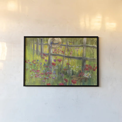 Gardening by the Fence by Carol Rowan. shown as a paper print in a black flame. Available as a archival giclee rolled canvas, fine art paper, or poster print. SKU 20971i.