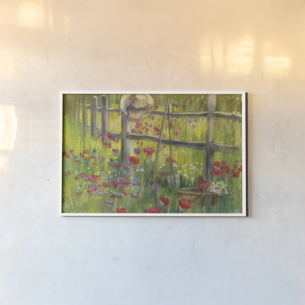 Gardening by the Fence by Carol Rowan. shown as a paper print in a white frame. Available as a archival giclee rolled canvas, fine art paper, or poster print. SKU 20971i.