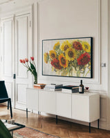 Gathering Sun Crop on Wood by Carol Rowan. shown as a framed stretched canvas in a living room above a console. Available as a archival giclee rolled canvas, fine art paper, or poster print. SKU 22362i.