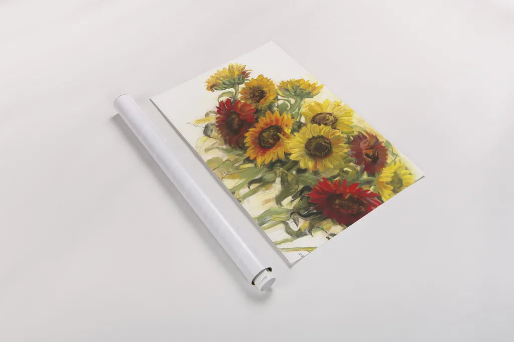Gathering Sunflowers on White by Carol Rowan. shown as a rolled paper print. Available as archival giclee rolled canvas, fine art paper, or poster print. SKU 31391i.