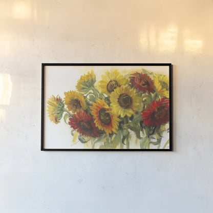 Gathering Sunflowers on White by Carol Rowan. shown as a paper print in a black flame. Available as a archival giclee rolled canvas, fine art paper, or poster print. SKU 31391i.