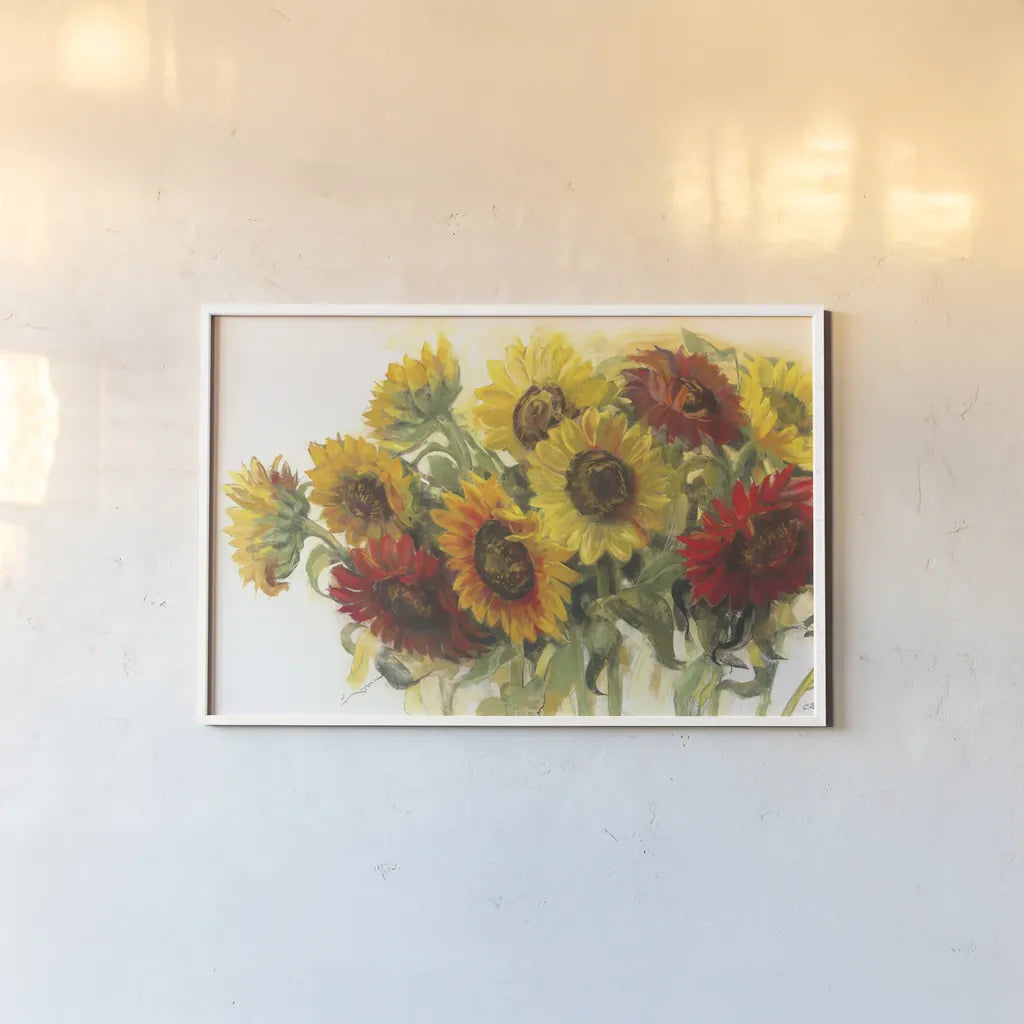 Gathering Sunflowers on White by Carol Rowan. shown as a paper print in a white frame. Available as a archival giclee rolled canvas, fine art paper, or poster print. SKU 31391i.