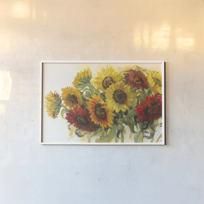 Gathering Sunflowers on White by Carol Rowan. shown as a paper print in a white frame. Available as a archival giclee rolled canvas, fine art paper, or poster print. SKU 31391i.