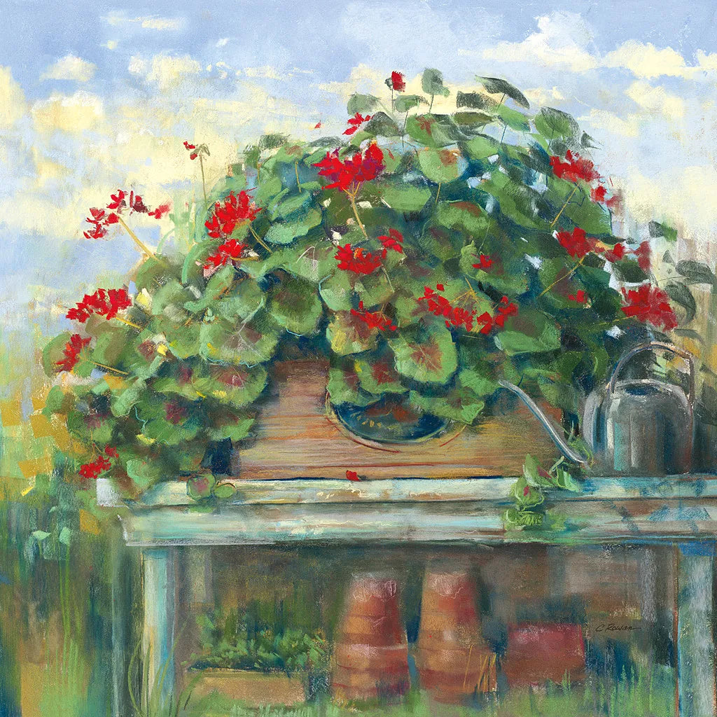 Geranium Bench Crop by Carol Rowan. SKU 8674a. Archival Giclee Fine art print for wall decor.