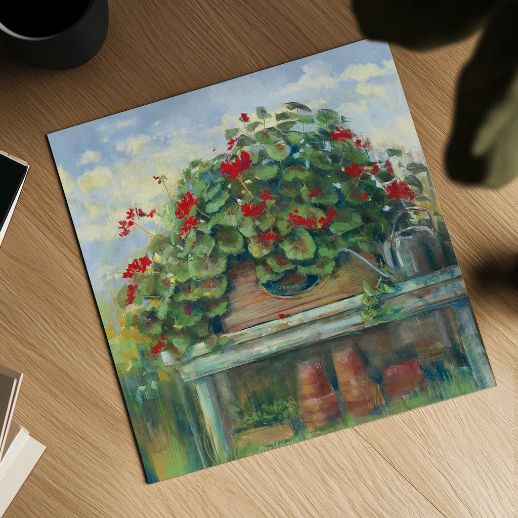 Geranium Bench Crop by Carol Rowan. Shown as a detailed flat fine art print, highlighting archival giclee quality. Available as an archival giclee rolled canvas, fine art paper, or poster print. SKU 8674a.