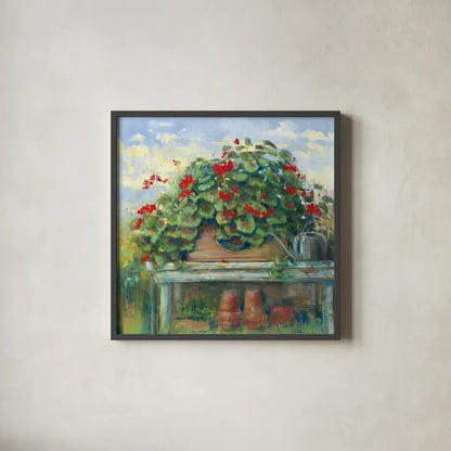 Geranium Bench Crop by Carol Rowan. Shown in a sleek black glass frame for a contemporary gallery look. Available as an archival giclee rolled canvas, fine art paper, or poster print. SKU 8674a.