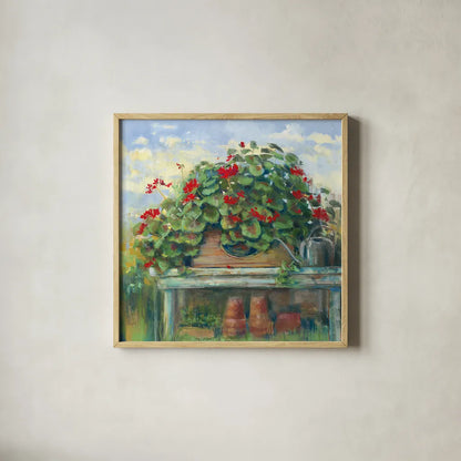 Geranium Bench Crop by Carol Rowan. Shown in a natural wood glass frame for a timeless modern aesthetic. Available as an archival giclee rolled canvas, fine art paper, or poster print. SKU 8674a.
