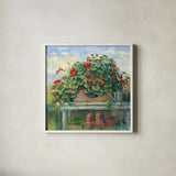 Geranium Bench Crop by Carol Rowan. Shown in a crisp white glass frame for a clean and minimalist style. Available as an archival giclee rolled canvas, fine art paper, or poster print. SKU 8674a.